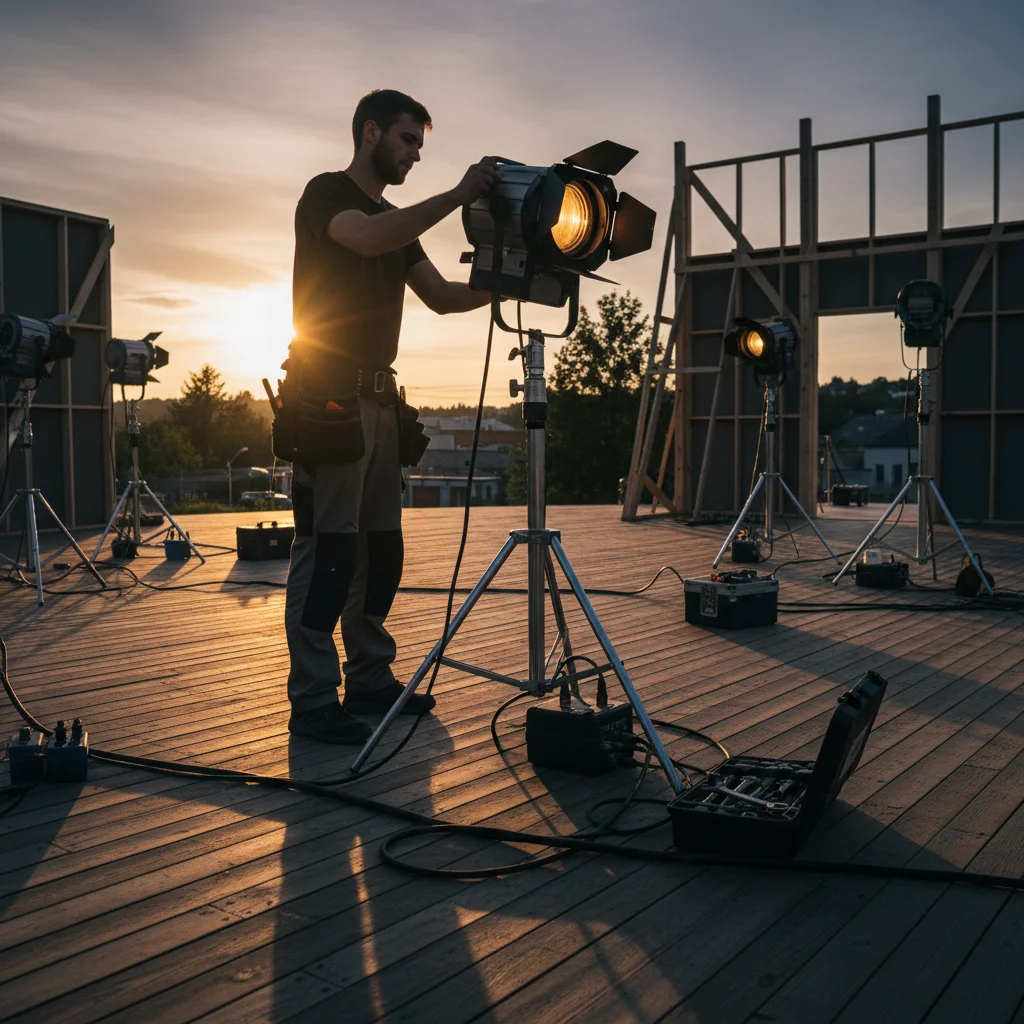 Bühnentechniker arbeitet an Scheinwerfer