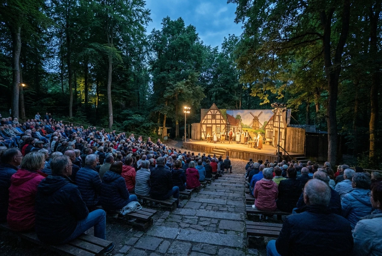 Freilichttheater-Aufführung bei Dämmerung mit Publikum und warmem Bühnenlicht