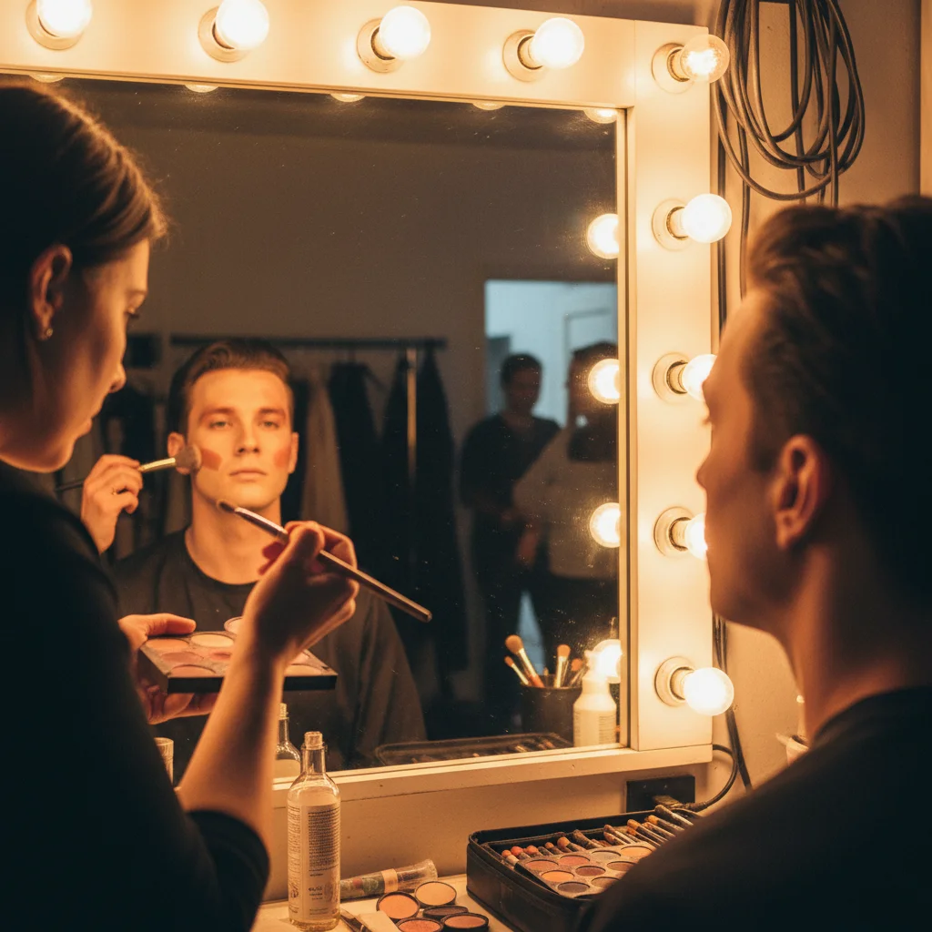 Maskenbildnerin beim Schminken vor beleuchtetem Spiegel