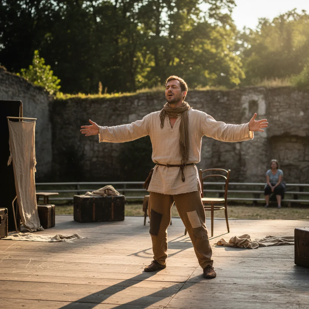 Amateurschauspieler bei Probe auf Freilichtbühne